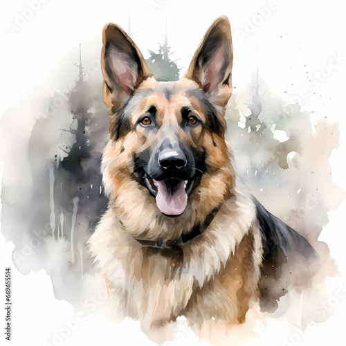 Alsatian dog, watercolor illustration.