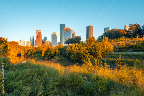 Houston Downtown skyscrapers during sunset. Buffalo Bayou Park. Texas, USA