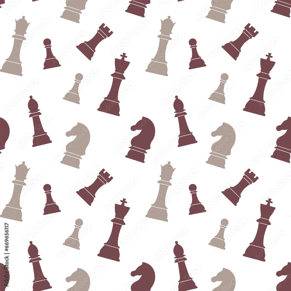 Seamless pattern of chess pieces on a white background. Chess background, print, vector