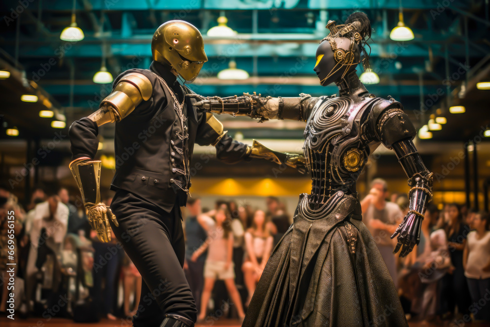 Obraz premium Steampunk robot ballroom dance competition.
