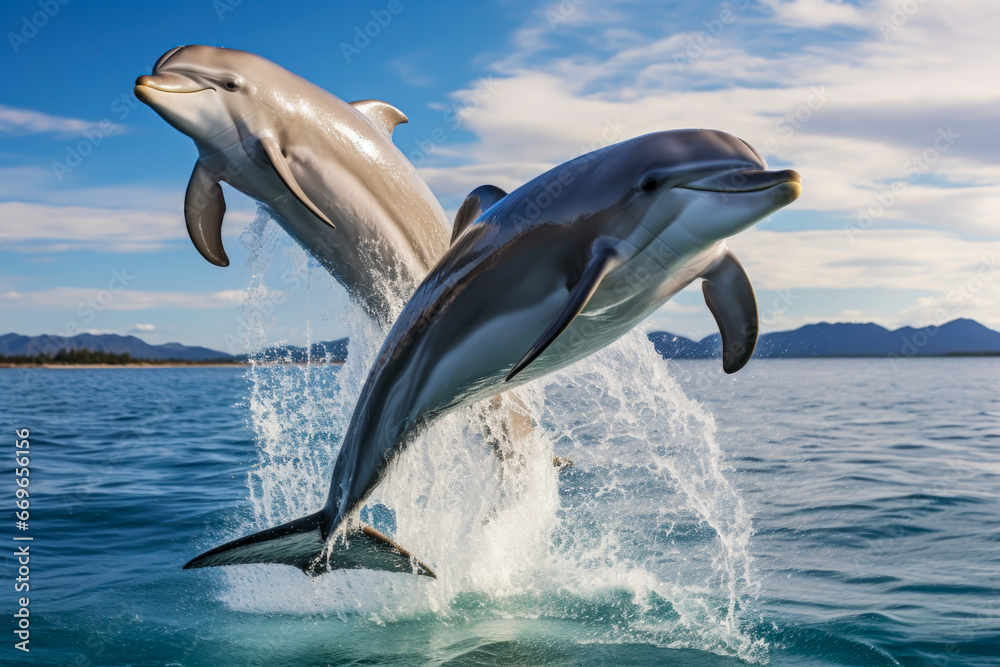 Fototapeta premium Playful dolphins jumping out of the water