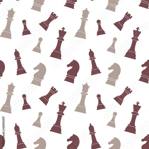 Seamless pattern of chess pieces on a white background. Chess background, print, vector