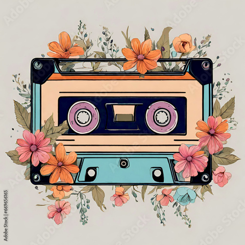 Retro music cassette with flowers illustration. Boho vintage style. Stereo DJ tape, vintage 90s cassettes tapes and audio tape. Antique radio play cassette.