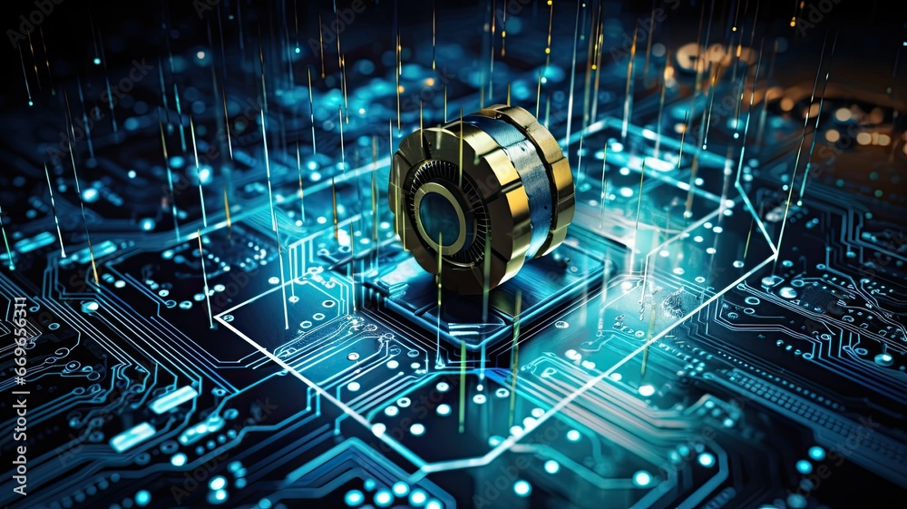 Fototapeta premium Data protected by a quantum lock, symbolizing the quantum encryption's resistance to hacking attempts