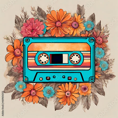 Retro music cassette with flowers illustration. Boho vintage style. Stereo DJ tape, vintage 90s cassettes tapes and audio tape. Antique radio play cassette.