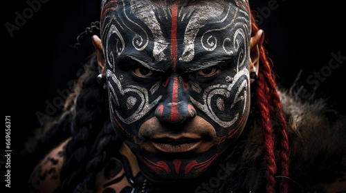 Portreit of Maori warrior from New Zealand in tribal face paint 
