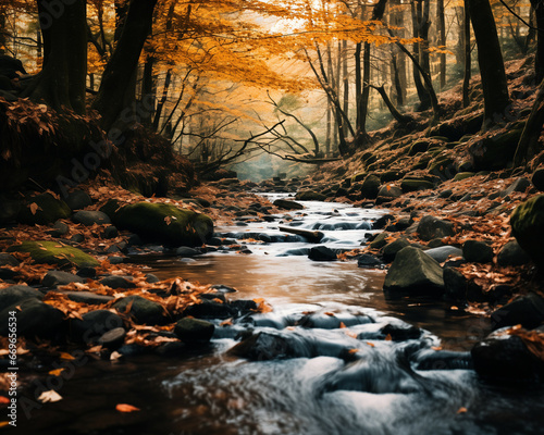 A serene forest stream with autumn leaves