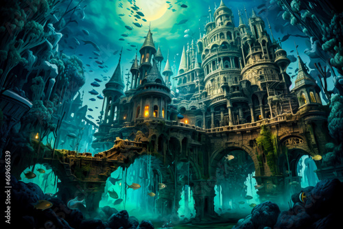 Surreal underwater city with mermaids.