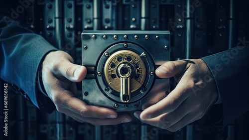 A person sharing a secret key with a locked vault, representing the concept of a shared key in symmetric encryption