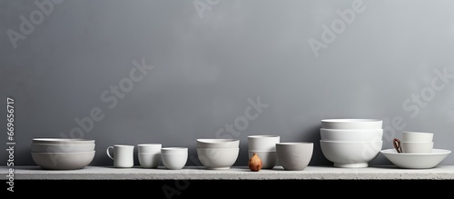 Gray background with empty plates bowls and cups