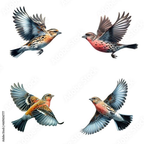 A set of male and female White-winged Crossbills flying on a transparent background