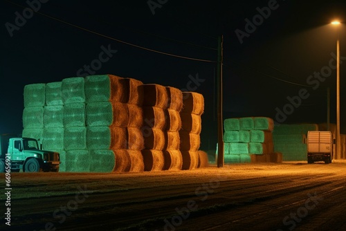 Photo Night neon-lit warehouse with sorted haystacks in the agricultural countryside