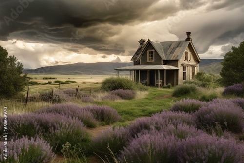 A lavender-covered house with a stormy sky and distant mountains under approaching storm clouds. Generative AI