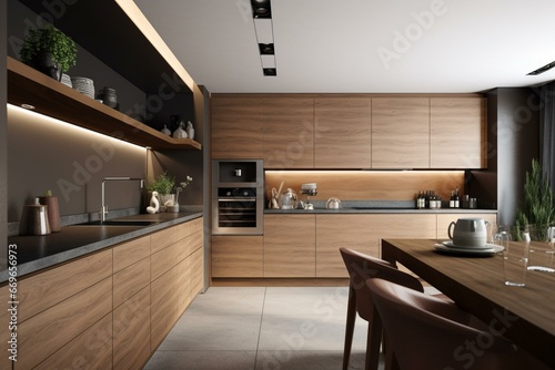 Contemporary kitchen with wooden elements. Generative AI