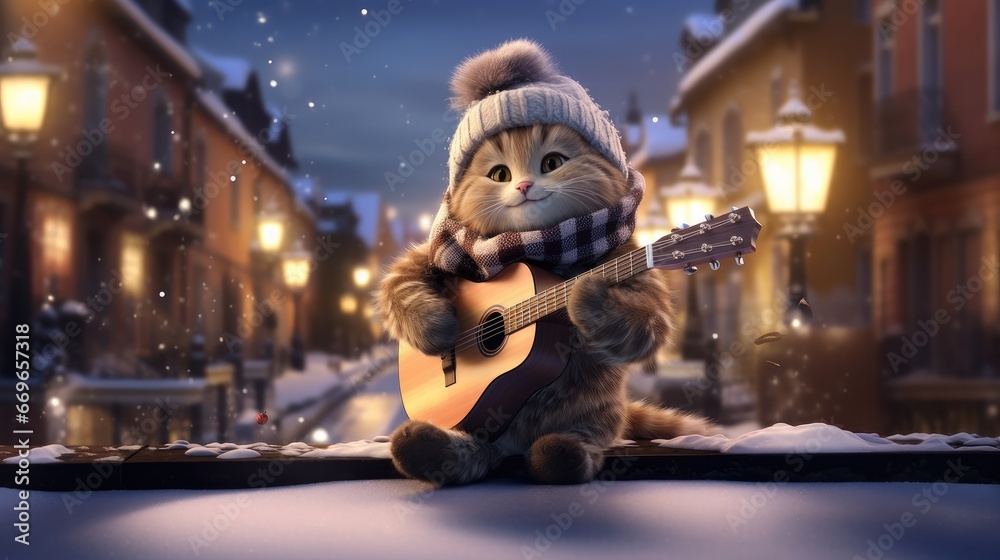 Enjoy the enchanting melodies of a cartoon cat musician on a winter evening, playing street guitars to set a festive mood in the cold.