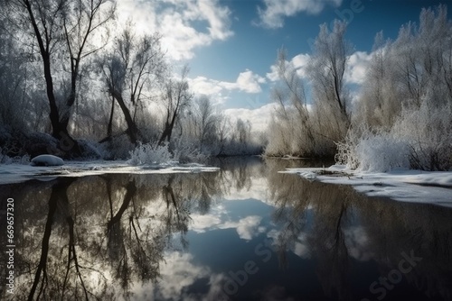 Reflection of winter landscape in water. Generative AI © Vada