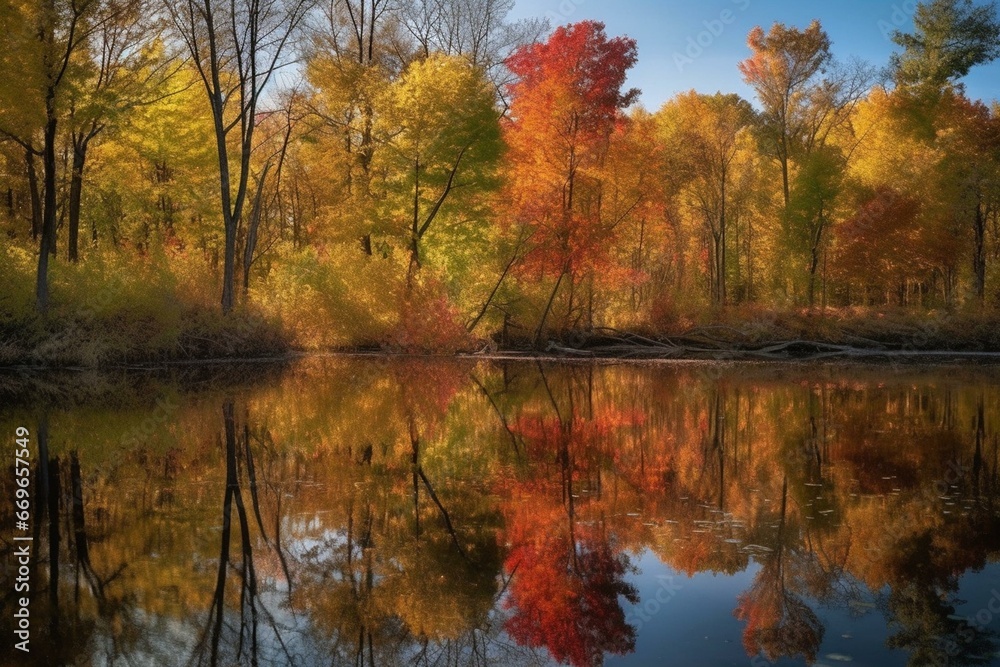 Vibrant autumn trees reflected in serene pond water. Generative AI