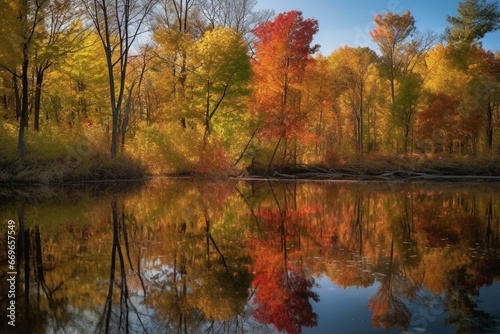 Vibrant autumn trees reflected in serene pond water. Generative AI