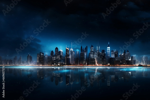 Panorama of the night city. evening Megapolis glows with lights. Harbor or river with reflection of houses  skyscrapers