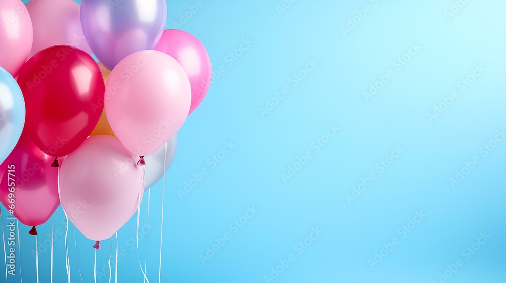 bright colored balloons, balloon bouquet, minimalistic pastel blue tone background, plain colored banner. generative AI