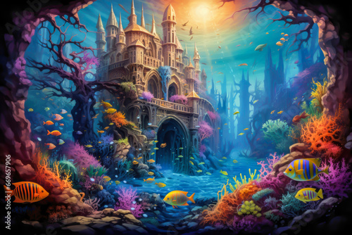 Underwater kingdom with colorful sea creatures.