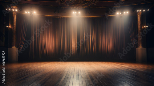 Stage theater with red curtains and wooden floor.