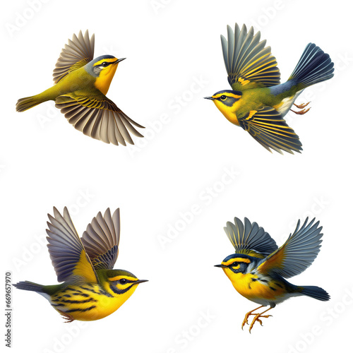 A set of male and female Wilson's Warblers flying on a transparent background © DLW Designs