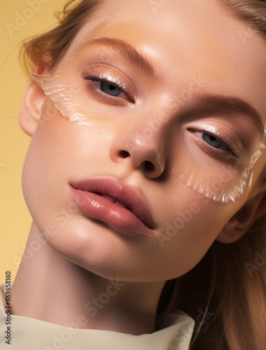 Dewy skin and rosy cheeks the artistry of professional makeup in a fashion portrait.