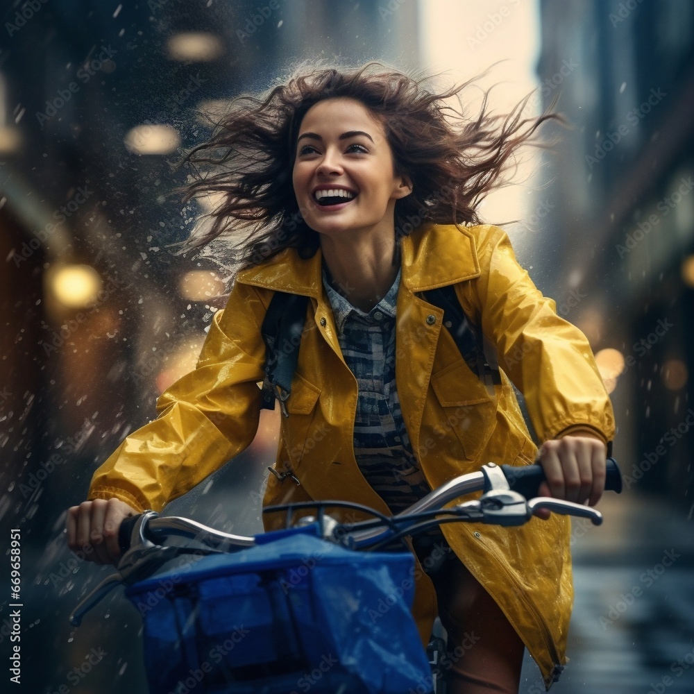 Obraz premium Young woman in yellow raincoat ride bicycle in the rain