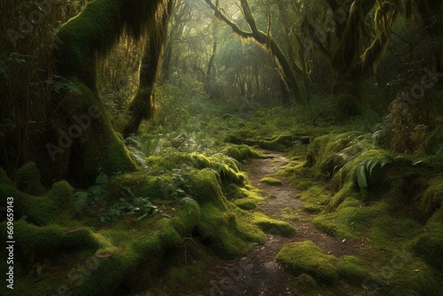 A lush forest with a path covered in moss. Generative AI © Meliora