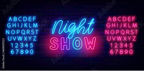 Night show neon label with lettering. Party signboard. Performance r emblem. Event label. Vector stock illustration
