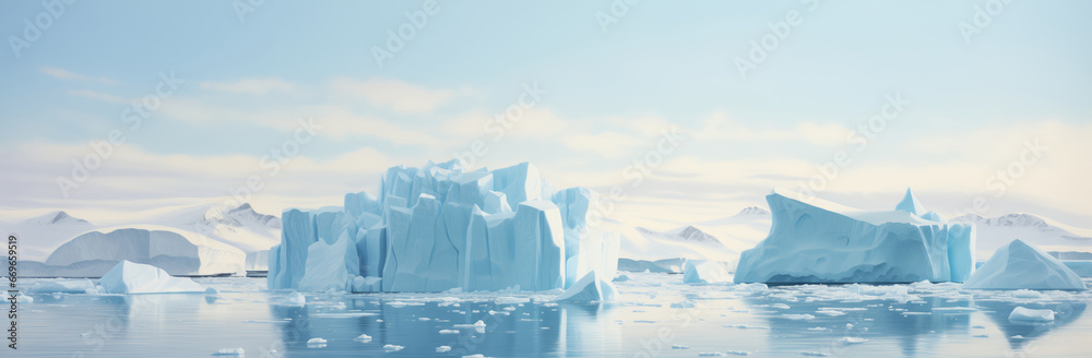 Icebergs floating in the arctic ocean. Panoramic banner.