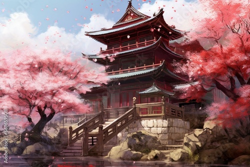 Traditional Asian home nestled near blooming cherry blossom tree. Handcrafted digital artwork. Generative AI