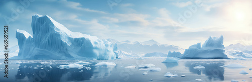  Panoramic of Icebergs floating in the ocean.