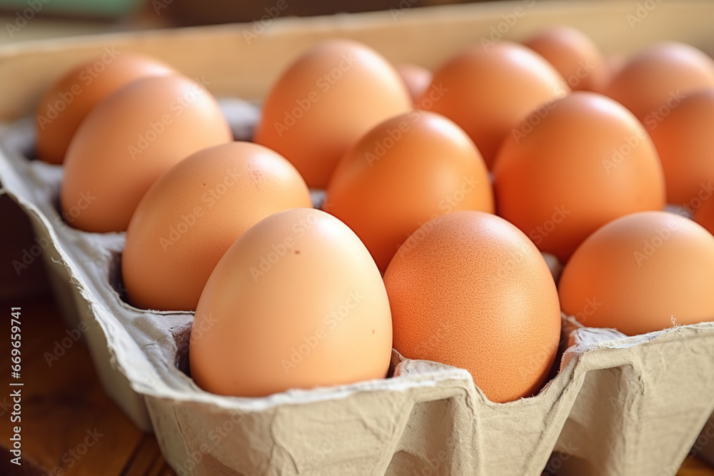 close-up of chicken eggs in egg box on the old brown wooden background close-up of chicken eggs in egg box on the old brown wooden background