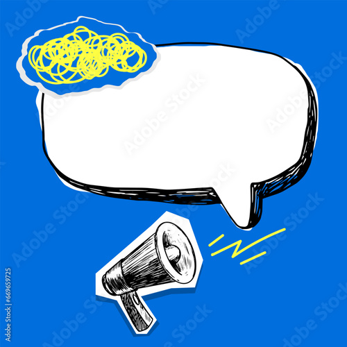 Modern collage with megaphone and speech bubble. Advertising concept. Advertising company. Sale announcements. Hand drawn design. Marketing. Promotion on social networks. Newspaper elements. Text box