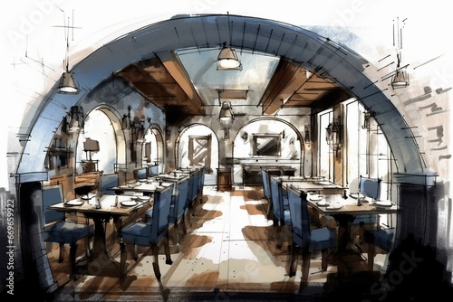 A creative and unique interior dining sketch design. Generative AI