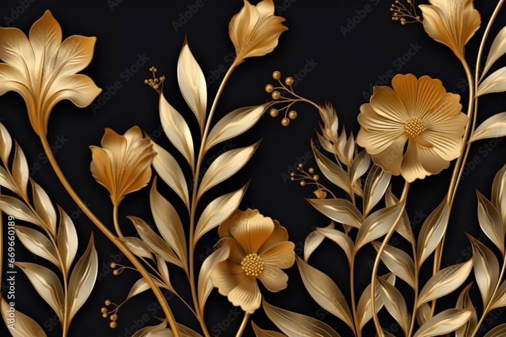 Elegant, sleek print of golden plants for decor, postcard, congratulations, and poster. Generative AI