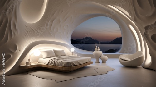 Interior design of modern futuristic bedroom. Created with generative AI