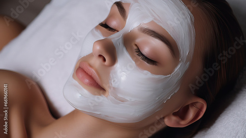 Woman with eyes closed and white facial mask on face in SPA. Face and body care, relaxation and mental health.