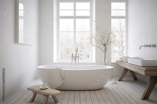Sleek Nordic bath with clean white decor. Generative AI © Natalya