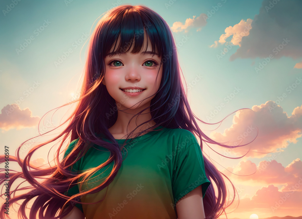 beautiful girl with green hair on the background of the evening sky beautiful girl with green hair on the background of the evening sky