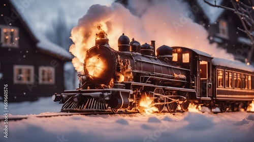 fire burning A burning magical train exploding, on fire, on a cozy day in the winter. The train is made of fire 