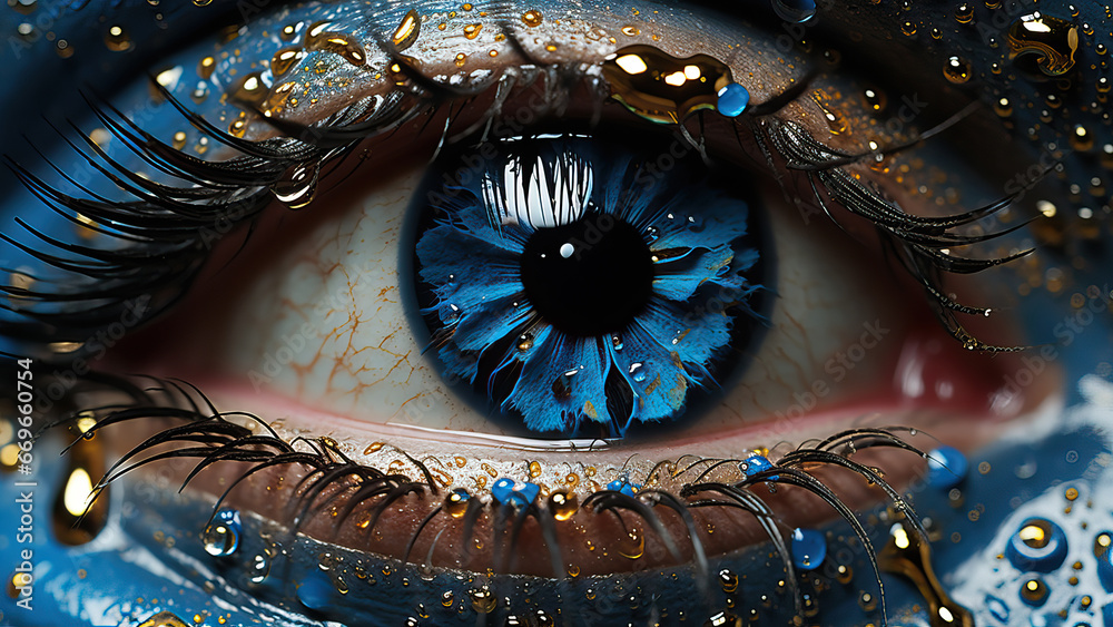 Photo of a beautiful blue eye in gold and blue drops. Macro view.