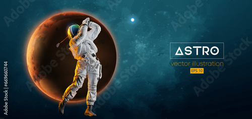 Abstract silhouette of a golf player in space action and Earth, Mars, planets on the background of the space. Golfer astronaut man hits the ball. Vector illustration