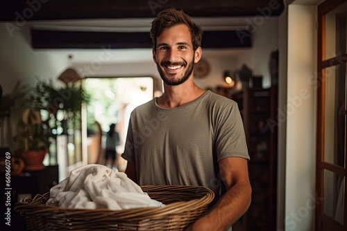 A happy and cheerful young man doing laundry at home, smiling as he packs clothes in a plastic bag. photo