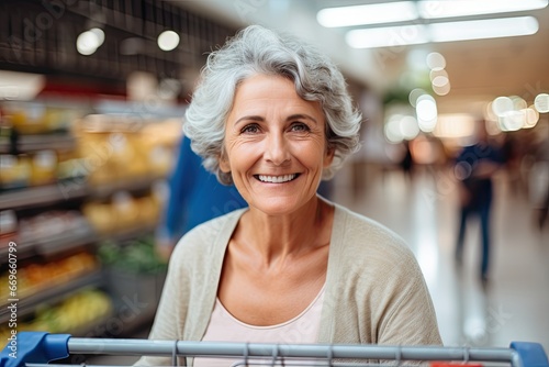 A happy, beautiful senior woman shopping for organic groceries at a supermarket, radiating cheerfulness and contentment.
