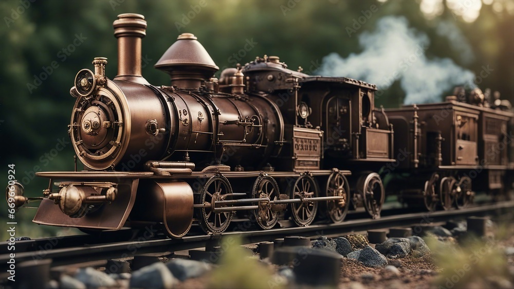 Naklejka premium old steam locomotive A steampunk train that runs on coal and steam on a rusty and intricate railway. The train is a retro