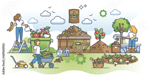 From waste to black gold as organic natural compost value outline concept. Kitchen scrap and food leftovers usage for gardening and plant growing vector illustration. Ground decomposition process.