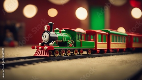 steam locomotive A toy train that circles on a round track on a carpeted floor. The train is red and green 